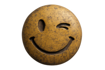 Grungy winking smiley face made of old stone, conveying happiness and positive emotion on a transparent background