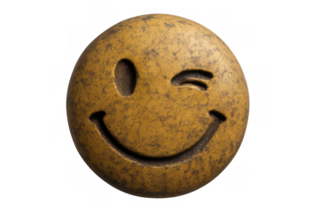 Grungy winking smiley face made of old stone, conveying happiness and positive emotion on a transparent background