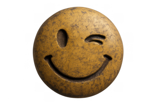 Grungy winking smiley face made of old stone, conveying happiness and positive emotion on a transparent background - Powered by Adobe