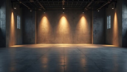Empty modern concrete industrial space illuminated by spotlights. Minimalist loft interior with large open floor area. Clean background for product display event setup. Smooth polished floor reflects