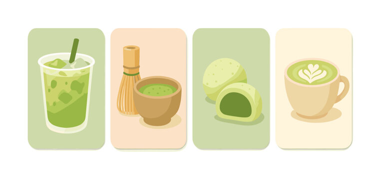 Matcha delights: iced drink, whisk, mochi, and latte in a charming flat design