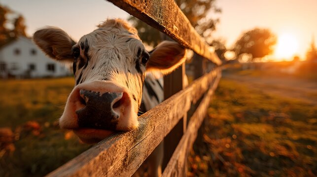 Curious cow peeking over a rustic wooden fence at golden hour on a serene farm. - Powered by Adobe
