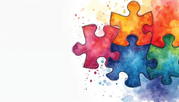 Watercolor illustration shows puzzle pieces in vibrant colors. Design symbolizes mental health support. Colorful abstract puzzle art with copy space area. Concept of teamwork unity and connections.