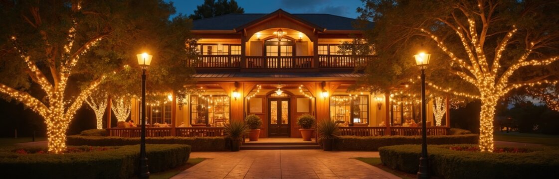 Tree branches lit by fairy lights near building entrance. Warm glow from illuminated windows and outdoor lamps creates inviting ambiance for evening events and celebrations. Exterior shot.