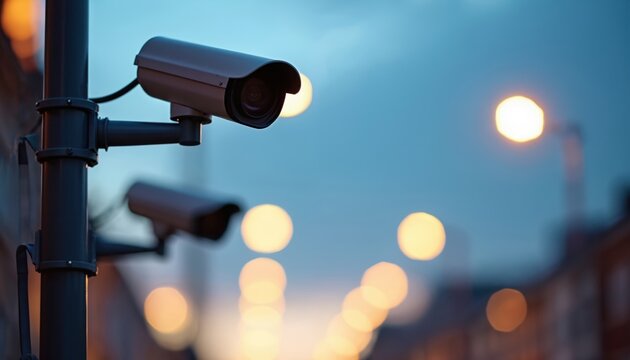 Security cameras monitor city street at night. Blurred streetlights create bokeh effect. Urban surveillance provides safety and control over public spaces. Cams watch area.