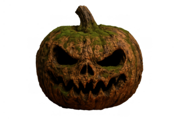 Scary jack-o'-lantern creating a spooky halloween atmosphere with eerie carved face and creepy moss texture