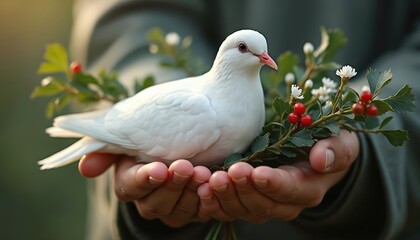 Obraz premium White dove bird rests gently in open hands amid green leaves and red berries. Symbol of peace hope and freedom. Represents kindness compassion and new life.