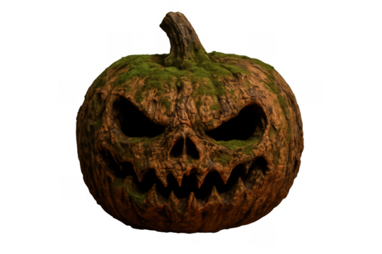Scary jack-o'-lantern creating a spooky halloween atmosphere with eerie carved face and creepy moss texture