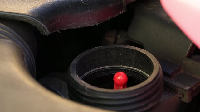Red coolant is poured into the car&rsquo;s antifreeze reservoir, with a red float rising as the tank fills. Close-up video shows the cooling system being topped up with fresh red antifreeze.