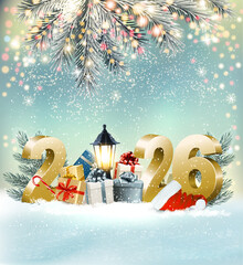 Merry Christmas and Happy New Year Background with 2024 and colorful gift boxes and branches of christmas tree. Vector