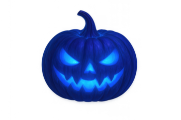 Scary blue halloween jack-o'-lantern with evil glowing eyes on transparent background, symbolizing fear and spooky nights
