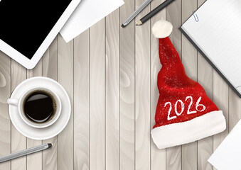 Christmas Office Background with Santa Hat, Tablet and Office Supplies. Business Concept. Vector.