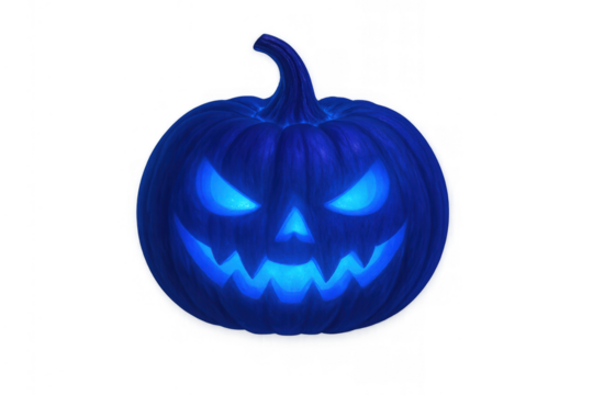 Scary blue halloween jack-o'-lantern with evil glowing eyes on transparent background, symbolizing fear and spooky nights