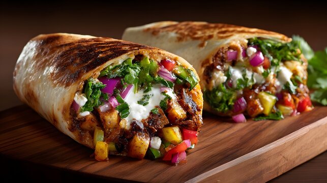 Delicious and vibrant burritos filled with fresh ingredients on a wooden board.