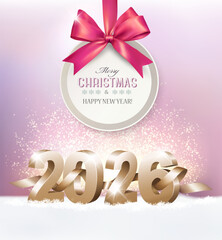 Merry Christmas and New Year Holiday background with a gold 2026 and gift card with ribbon. Vector.