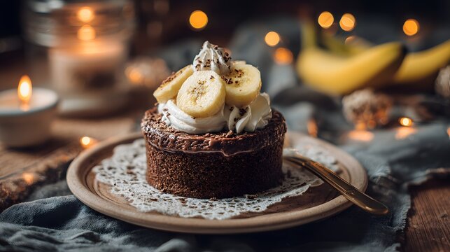 Delicious Banana Chocolate Cake with Whipped Cream and Sliced Bananas on a Rustic Table.