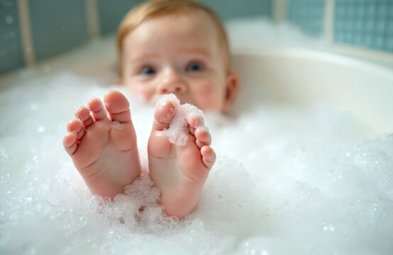 Baby feet with toes in bath foam water. Little child with light hair takes bath enjoys. Child hygiene care concept. White bubbles water in bathtub. Kid having fun.