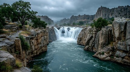 Fototapeta premium Waterfall splashing into calm pool high resolution picture