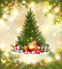 Christmas and Happy New Year holiday  background with christmas tree and magic box. Vector.