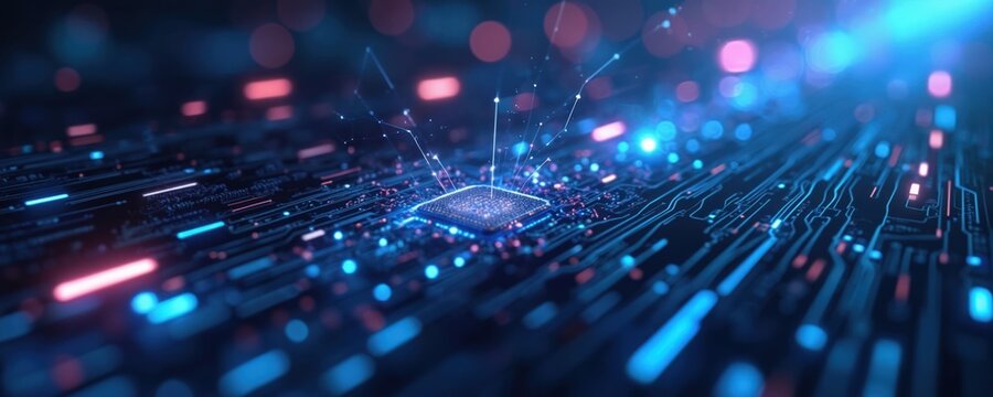 Abstract digital circuit board with glowing cpu and data streams. Futuristic technology concept with vibrant blue and pink light effects. Modern network infrastructure and connection. - Powered by Adobe