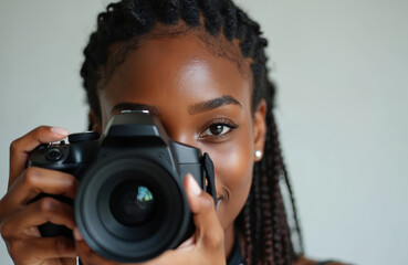 Young black woman holds pro camera to take photo in studio. She looks at viewer with interest. Her braids frame her face, she wears pearl earring. Indoor shot with light background.