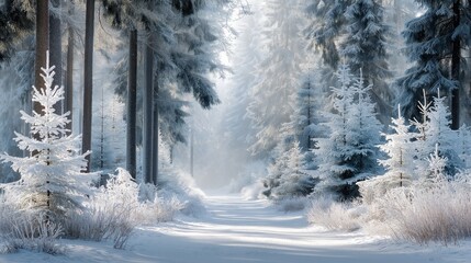 Soft winter sunlight illuminating a narrow forest path surrounded by frosted pine trees in a calm and peaceful snowy landscape, Generative AI