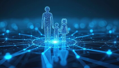 Digital representation of family connected by glowing lines suggests online safety measures. Parents protect children in cyberspace. Network data security for everyone. Data privacy protection in