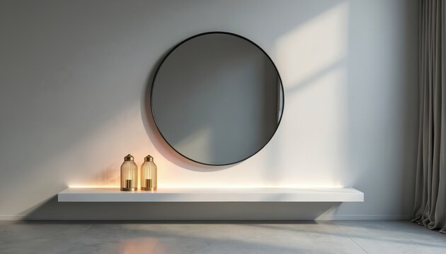 Minimalist grey room with large round mirror, two decorative lanterns on white shelf. Soft warm light casts shadows from window, creating tranquil atmosphere. Scene features concrete floor, light