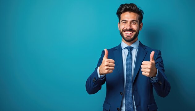 Man in blue suit and tie gives thumbs up gesture. He smiles and shows approval. Businessman expresses optimism and success. He looks great.