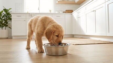 Cute Golden Retriever Eating in Modern Kitchen, Indoor Lifestyle, Pet Care, Natural Light, Adorable Moment