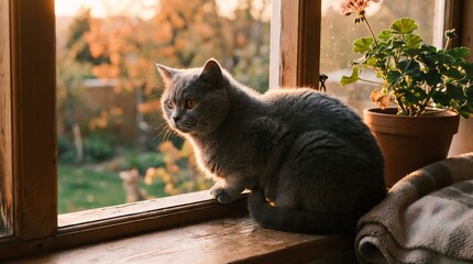 Cozy Cat Watching Sunset from Window in Warm Indoor Setting