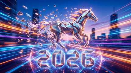 Geometric Metal Horse Leaps Over 2026 With Light Trails, Modern Buildings in Background Suggest Progress