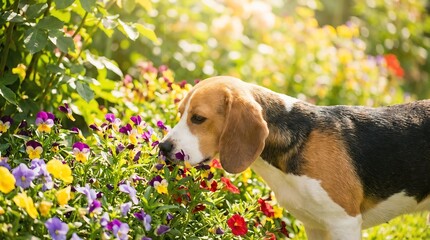 Beagle Sniffing Colorful Flowers in a Sunlit Garden - Nature Photography Focused on Pets