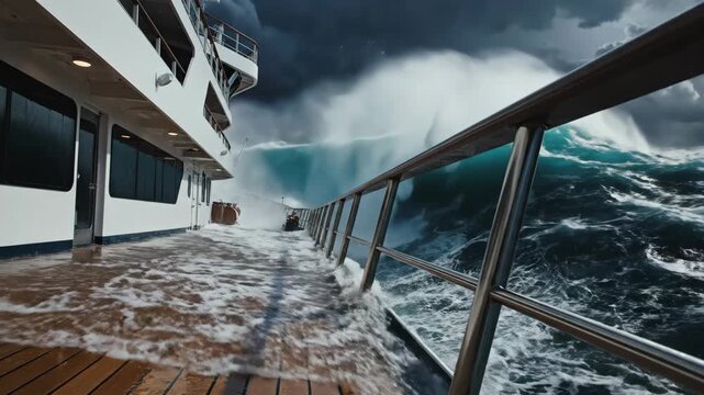 view from ship deck during heavy storm with dark clouds and rough ocean. large waves crashing against vessel railing. wet wooden floor reflection. dangerous maritime travel concept. bad weather at sea