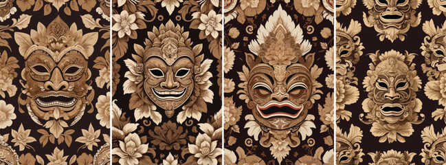 Seamless Balinese batik pattern featuring stylized Barong mask elements and traditional floral ornaments, cultural heritage style, complex symmetrical composition, dark brown and cream palette