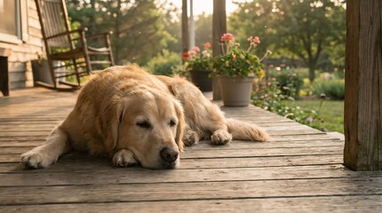 Golden Retriever Relaxing on Porch at Sunset, Outdoor Lifestyle Photography in Tranquil Garden Setting