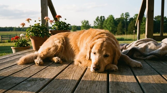 Golden Retriever Relaxing on a Porch in a Sunny Backyard - Lifestyle Photography