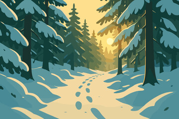 Vector branches covered footprints snowy tall illustration trail forest quiet through sunlit