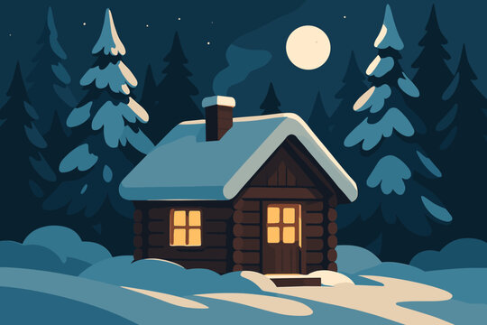 Blanketing snowy roof cabin illustration serenity pines golden vector wooden frosted glowing
