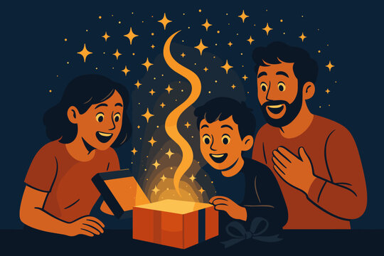 Present from surrounding sparkles vector gift opened pure emerging surprise amazed joyful