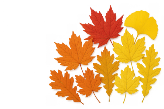 Autumn foliage collection with colorful maple, oak, and ginkgo leaves falling, isolated on transparent background