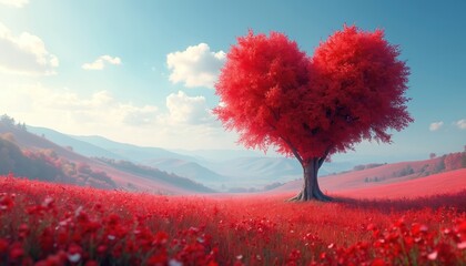 A heart-shaped red tree stands in a vibrant field of red flowers under a clear blue sky. Rolling hills in the background create a serene landscape perfect for romance or nature themes.
