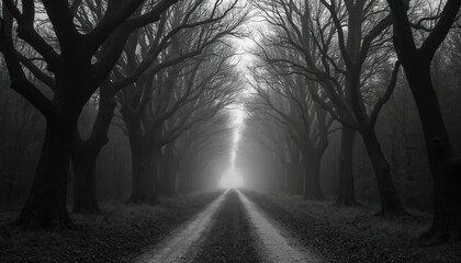 Gloomy dirt road lined with tall bare trees leading into thick fog. Leafless branches form a natural canopy over pathway. Autumnal scene evokes mystery and solitude.