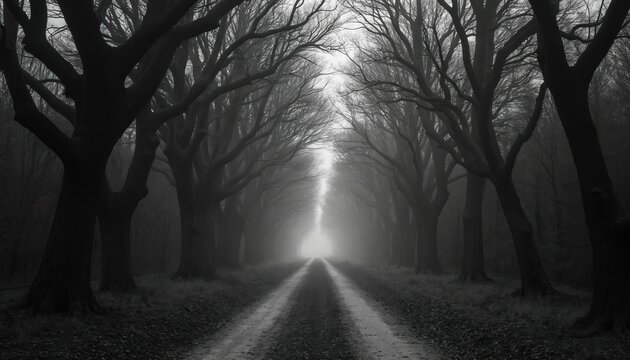 Gloomy dirt road lined with tall bare trees leading into thick fog. Leafless branches form a natural canopy over pathway. Autumnal scene evokes mystery and solitude. - Powered by Adobe