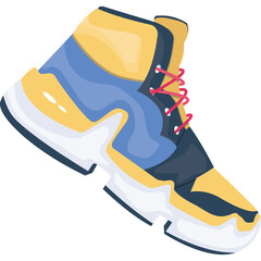 Yellow Blue And White High Top Athletic Shoe With Pink Laces And Chunky Sole Isolated On Transparent Background