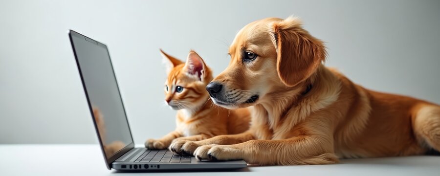 Golden retriever dog, ginger kitten lie together, paws on laptop keyboard. Animals watch video on computer screen, focused, curious. Indoor pet friends bonding over technology, enjoying screen time.
