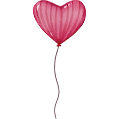 Watercolor Pink Heart Shaped Balloon Floating Upwards Attached to a Thin String Against a Transparent Background