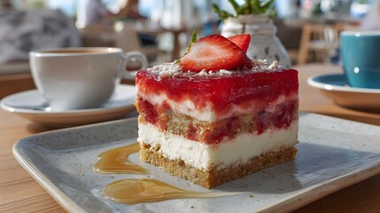 Delicious Strawberry Cheesecake Slice with Coffee on a Sunny Day.