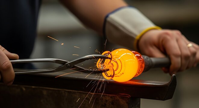 Artisan shaping molten glass with precision tools in a studio setting