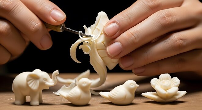 Artisan carves white sculptures with miniature tools and focused precision